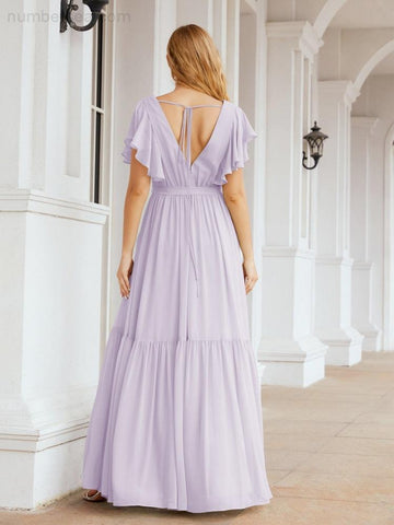 Baoleely Women's Open Back Formal Evening Party Prom Gowns V-Neck Long Chiffon Bridesmaid Dresses with Waist Belt 28038