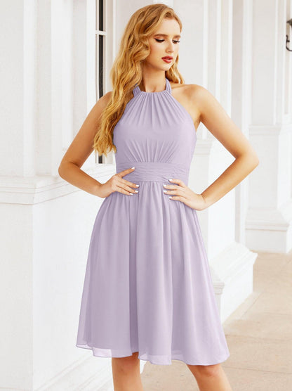 Numbersea Halter Chiffon Bridesmaid Dresses Short Sleeveless Formal Party Dress Open Back 28023