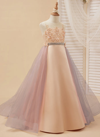 A-line Satin Tulle Sweep Train Champagne Dress (010226776)