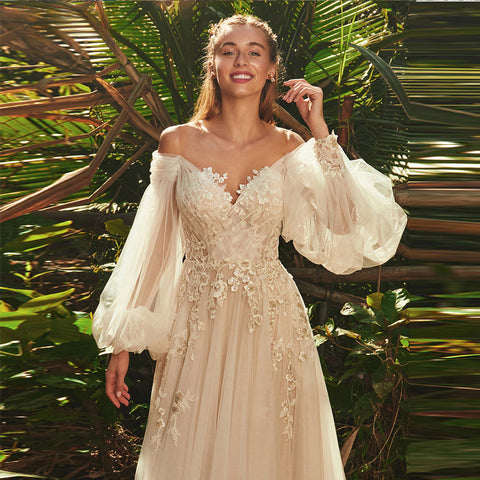 Robe de mariée élégante à col cœur et manches bouffantes longues pour femme 2023, robe de mariée classique en tulle dos nu 