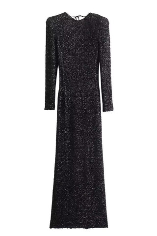 Elegantes vestidos de noche lisos con lentejuelas, espalda descubierta y cuello redondo 