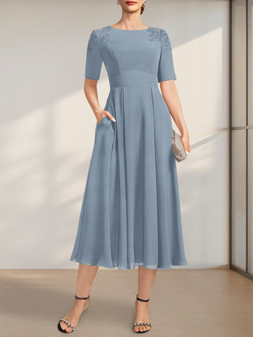A-line Scoop Tea-Length Chiffon Mother of the Bride Dress With Appliques Lace Sequins