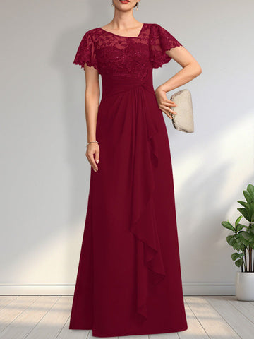A-line Asymmetrical Illusion Floor-Length Lace Chiffon Mother of the Bride Dress With Cascading Ruffles Sequins