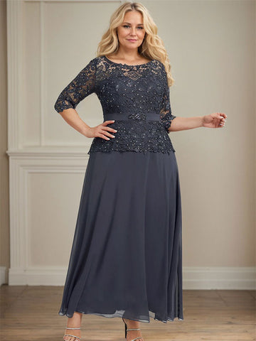 A-line Scoop Illusion Ankle-Length Chiffon Lace Mother of the Bride Dress With Rhinestone Beading