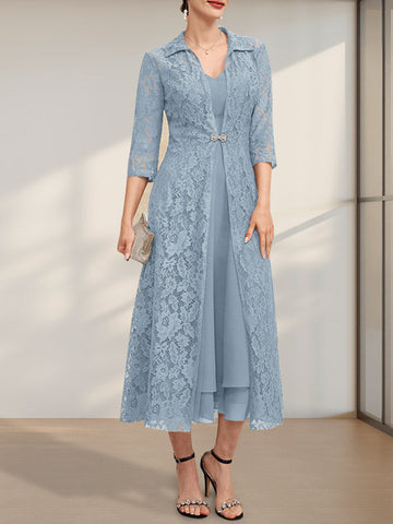A-line V-Neck Tea-Length Chiffon Mother of the Bride Dress