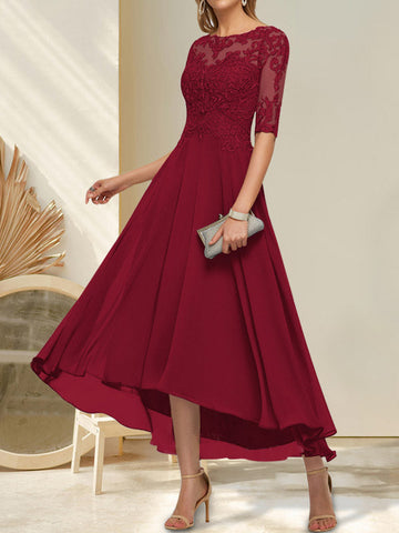 A-line Boat Neck Illusion Asymmetrical Chiffon Lace Mother of the Bride Dress With Sequins Beading