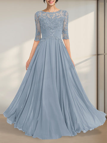 A-line Scoop Illusion Floor-Length Chiffon Lace Mother of the Bride Dress With Pleated Sequins