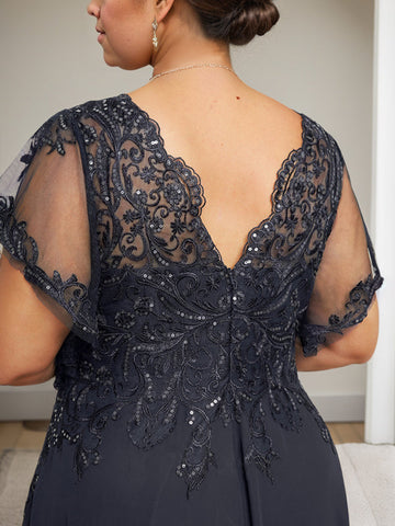 A-line V-Neck Floor-Length Lace Chiffon Mother of the Bride Dress With Sequins