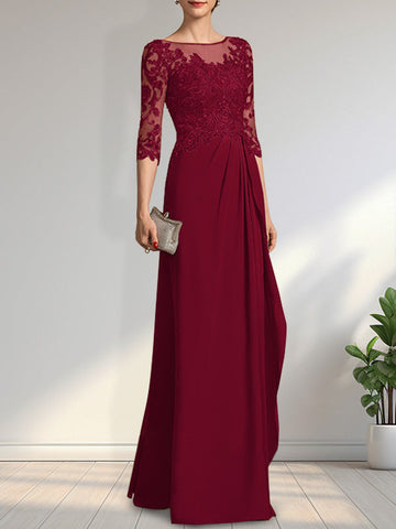 A-line Scoop Illusion Floor-Length Chiffon Lace Mother of the Bride Dress With Beading Sequins Cascading Ruffles