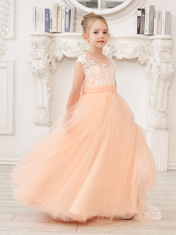 A-line Lace Tulle Sweep Train Pink Flower Girl Dress