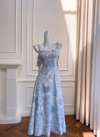 Robe de bal longue en satin bleu féerique, coupe trapèze, Y8576