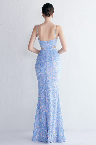 Robe de bal longue sirène noire à sequins et décolleté en V, avec découpe en forme de goutte d'eau.