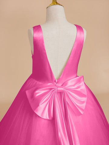 Classic White A-line Sleeveless Satin and Tulle Flower Girl Dress