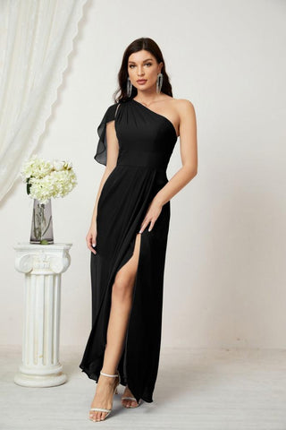 Robe de demoiselle d'honneur longue en mousseline de soie à volants et à une épaule, coupe trapèze, robe de soirée formelle fendue sur le côté, 2809