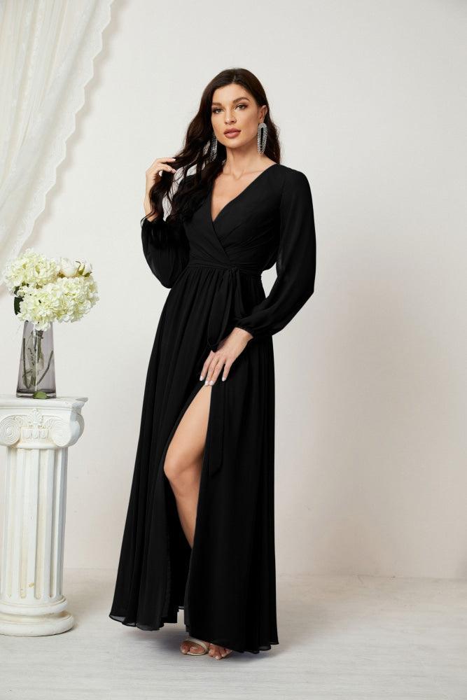 Numbersea Evening Dresses Deep V-Neck Chiffon Bridesmaid Dresses Long Bishop Sleeve Side Split Formal Dress 2806