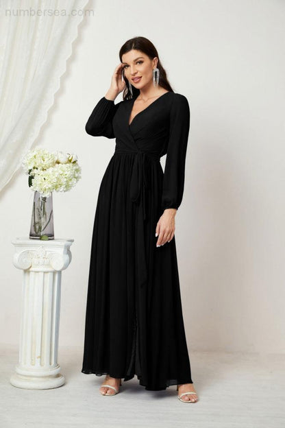 Numbersea Evening Dresses Deep V-Neck Chiffon Bridesmaid Dresses Long Bishop Sleeve Side Split Formal Dress 2806