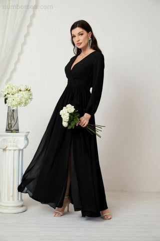 Sunnderly Evening Dresses Deep V-Neck Chiffon Bridesmaid Dresses Long Bishop Sleeve Side Split Formal Dress SY2806