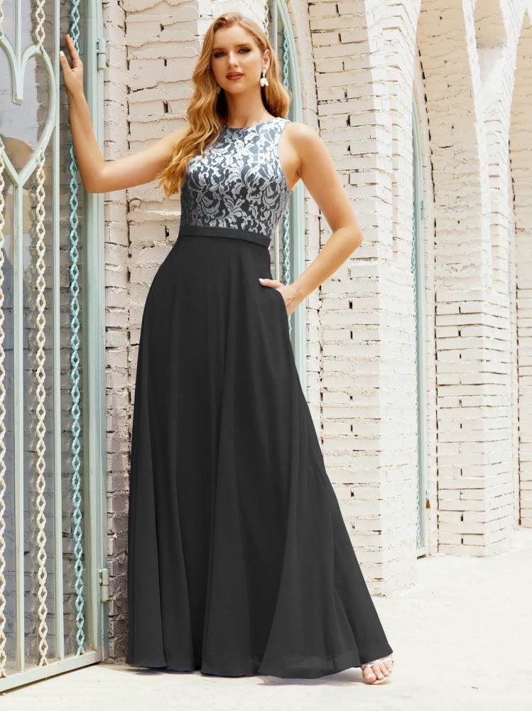 Lace Bridesmaid Dress Floor Length Evening Gowns with Pockets 28017