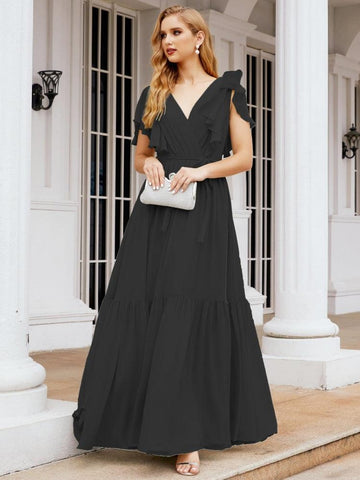 Baoleely Women's Open Back Formal Evening Party Prom Gowns V-Neck Long Chiffon Bridesmaid Dresses with Waist Belt 28038