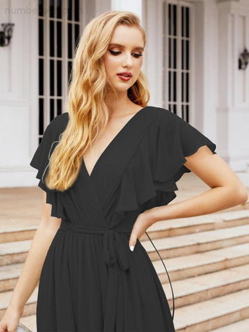 Baoleely Women's Open Back Formal Evening Party Prom Gowns V-Neck Long Chiffon Bridesmaid Dresses with Waist Belt 28038