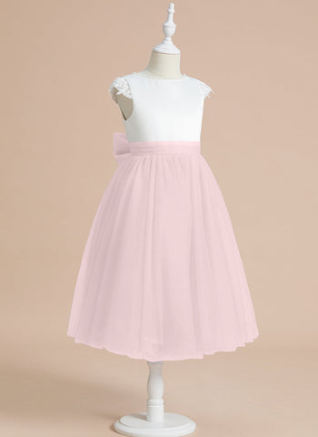 A-line Satin Tulle Tea-length First Communion Flower Girl Dress