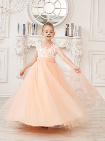 A-line Lace Tulle Sweep Train Pink Flower Girl Dress