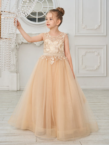 Ball-Gown/Princess Tulle Sweep Train Champagne Flower Girl Dress
