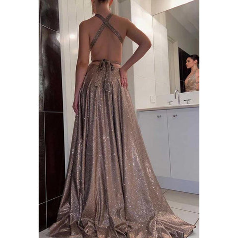 Vestido de noche de graduación brillante con escote en V profundo, tirantes cruzados y abertura en forma de A