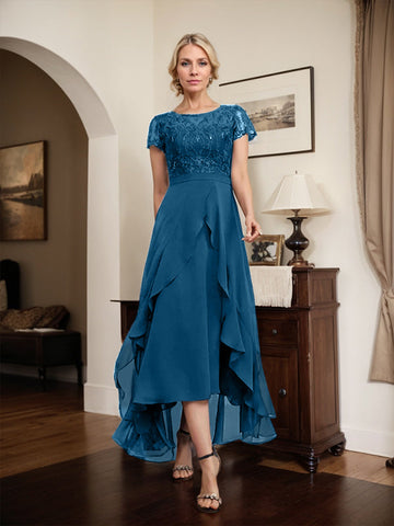 A-line Scoop Illusion Asymmetrical Chiffon Lace Mother of the Bride Dress With Bow Ruffle Sequins
