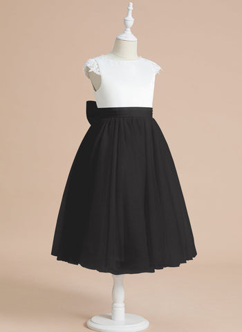 A-line Satin Tulle Tea-length First Communion Flower Girl Dress