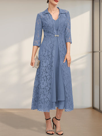 A-line V-Neck Tea-Length Chiffon Mother of the Bride Dress