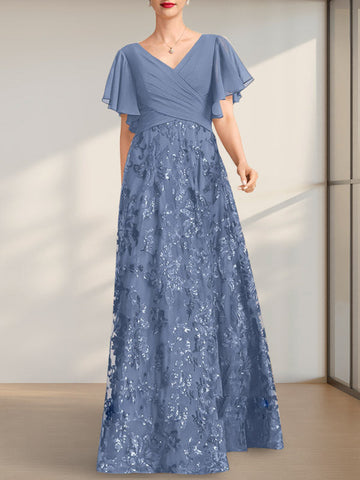 A-line V-Neck Floor-Length Lace Sequin Chiffon Mother of the Bride Dress With Pleated