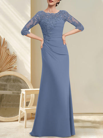 A-line Scoop Floor-Length Chiffon Lace Mother of the Bride Dress With Beading Pleated Sequins