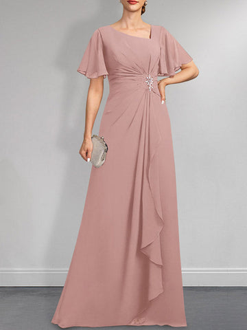 A-line Asymmetrical Floor-Length Chiffon Mother of the Bride Dress With Pleated Beading Sequins