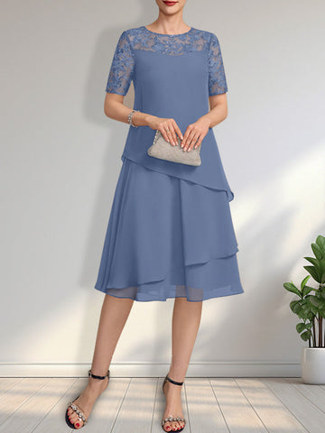 A-line Scoop Illusion Knee-Length Lace Chiffon Mother of the Bride Dress With Sequins