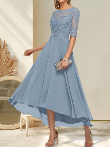 A-line Boat Neck Illusion Asymmetrical Chiffon Lace Mother of the Bride Dress With Sequins Beading