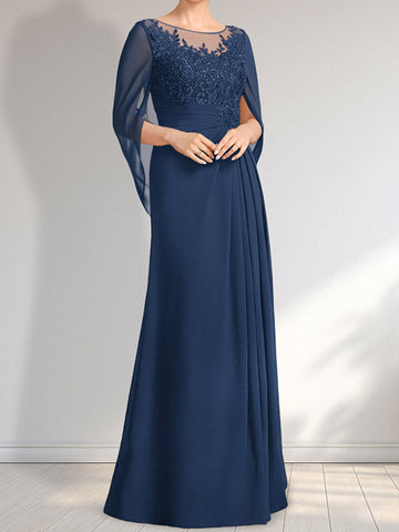 A-line Scoop Illusion Floor-Length Lace Chiffon Mother of the Bride Dress With Pleated Sequins