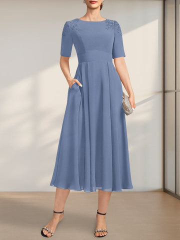 A-line Scoop Tea-Length Chiffon Mother of the Bride Dress With Appliques Lace Sequins
