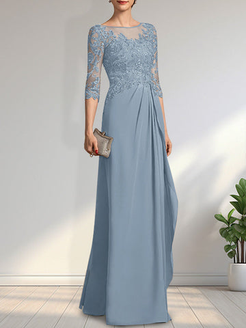 A-line Scoop Illusion Floor-Length Chiffon Lace Mother of the Bride Dress With Beading Sequins Cascading Ruffles