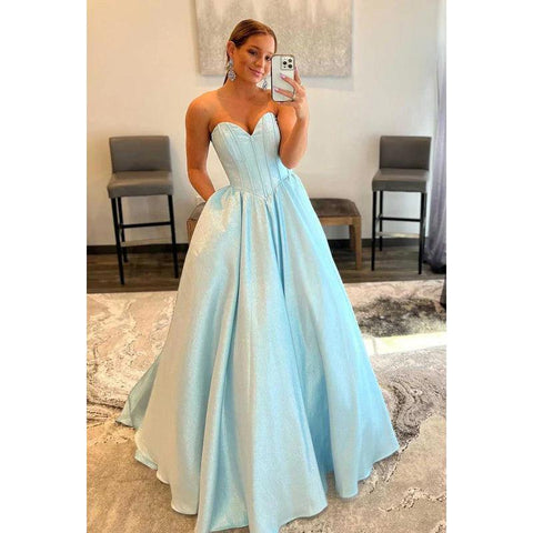 Robe de bal longue trapèze scintillante sans bretelles avec poches