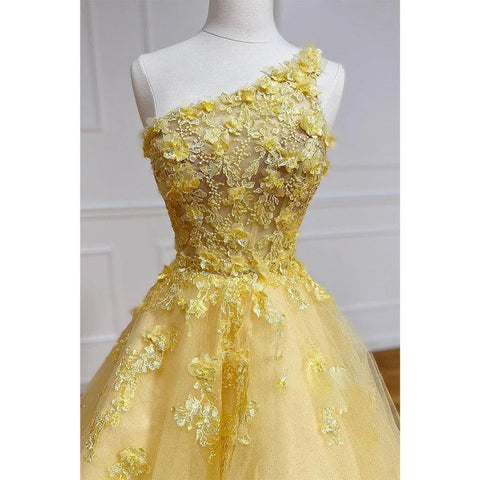 Robe de bal jaune unique à une épaule avec appliques 3D 