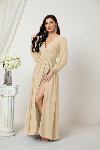 Sunnderly Evening Dresses Deep V-Neck Chiffon Bridesmaid Dresses Long Bishop Sleeve Side Split Formal Dress SY2806