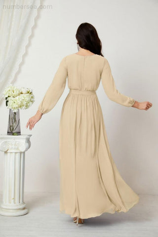 Sunnderly Evening Dresses Deep V-Neck Chiffon Bridesmaid Dresses Long Bishop Sleeve Side Split Formal Dress SY2806