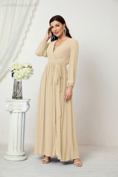 Numbersea Evening Dresses Deep V-Neck Chiffon Bridesmaid Dresses Long Bishop Sleeve Side Split Formal Dress 2806