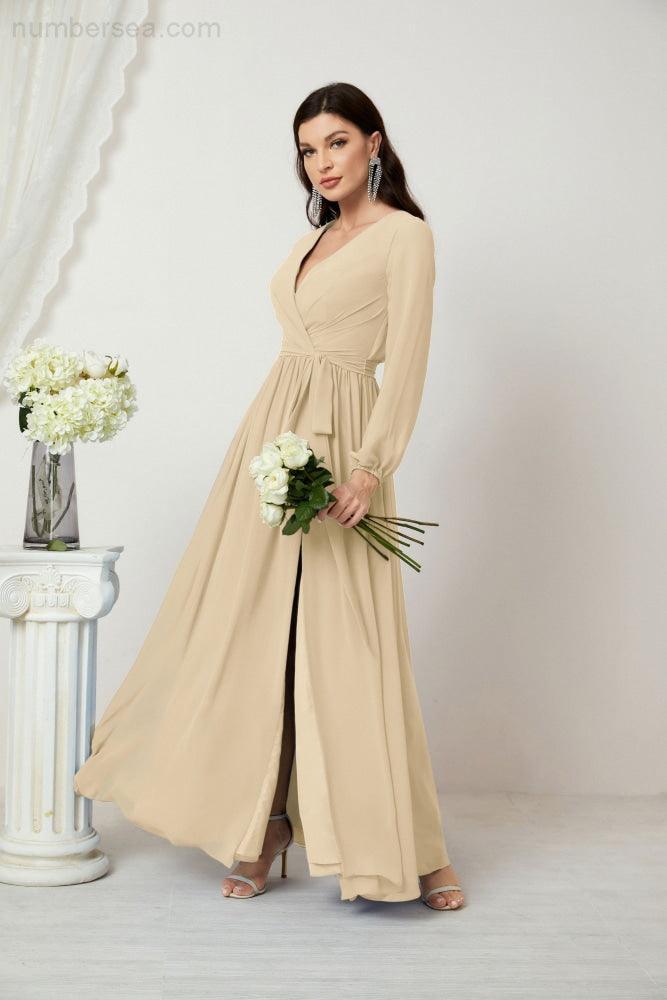 Numbersea Evening Dresses Deep V-Neck Chiffon Bridesmaid Dresses Long Bishop Sleeve Side Split Formal Dress 2806