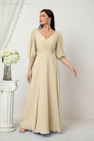 Baoleely  Formal Prom Gown Women V-Neck Chiffon Bridesmaid Dresses Long Bishop Sleeve Party Dress 2807