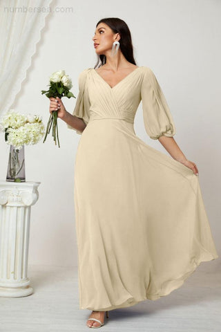 Baoleely  Formal Prom Gown Women V-Neck Chiffon Bridesmaid Dresses Long Bishop Sleeve Party Dress 2807