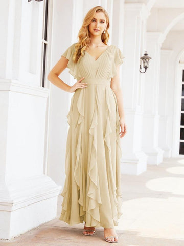 Robe de demoiselle d'honneur à volants et manches longues, robe de soirée formelle 28041 