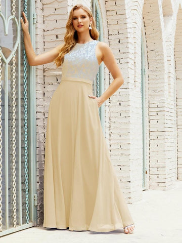 Vestido de dama de honor de encaje, largo hasta el suelo, con bolsillos, 28017 