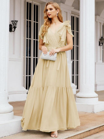 Baoleely Women's Open Back Formal Evening Party Prom Gowns V-Neck Long Chiffon Bridesmaid Dresses with Waist Belt 28038